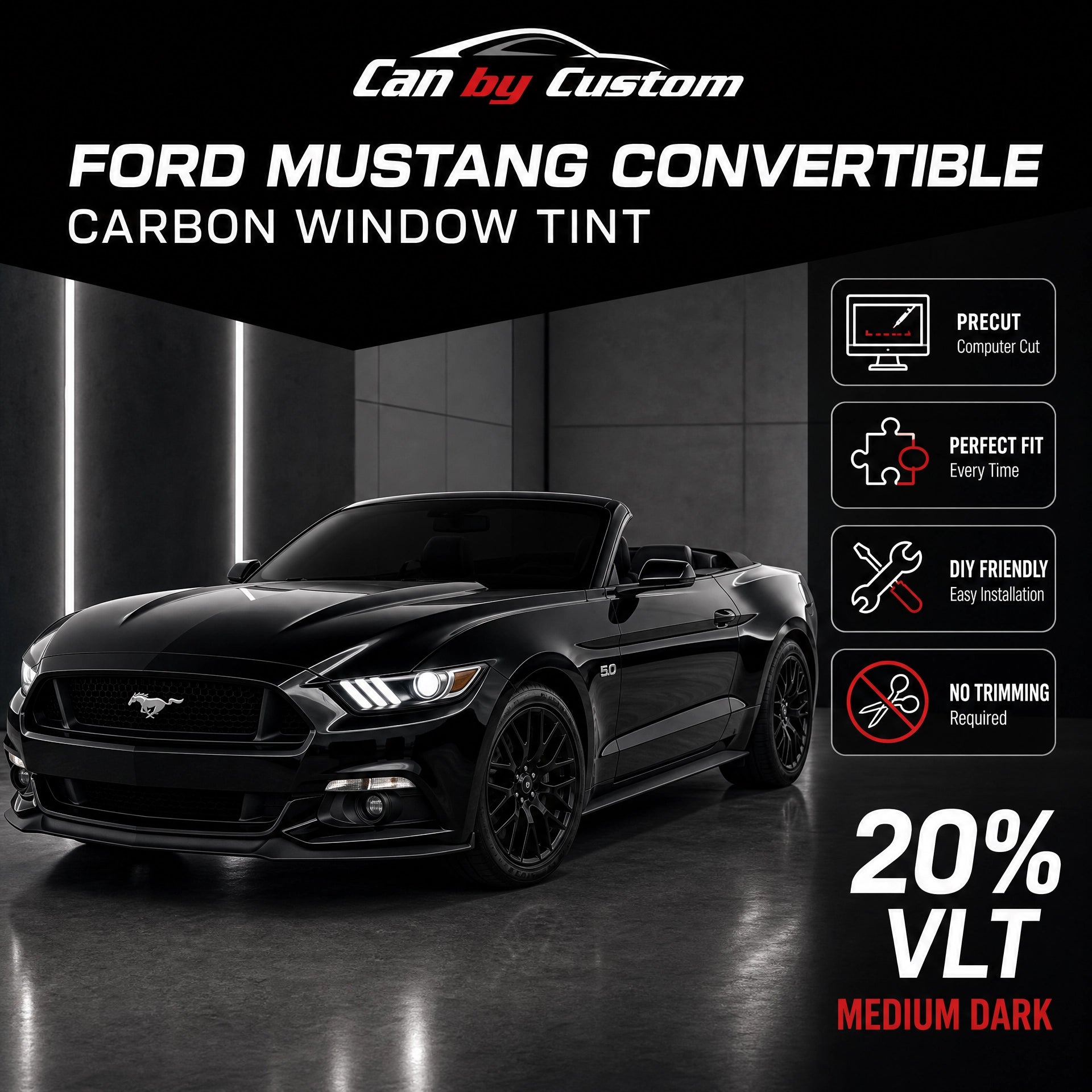 2017-2021 Ford Mustang Convertible All Sides + Rear Carbon Window Tint Kit