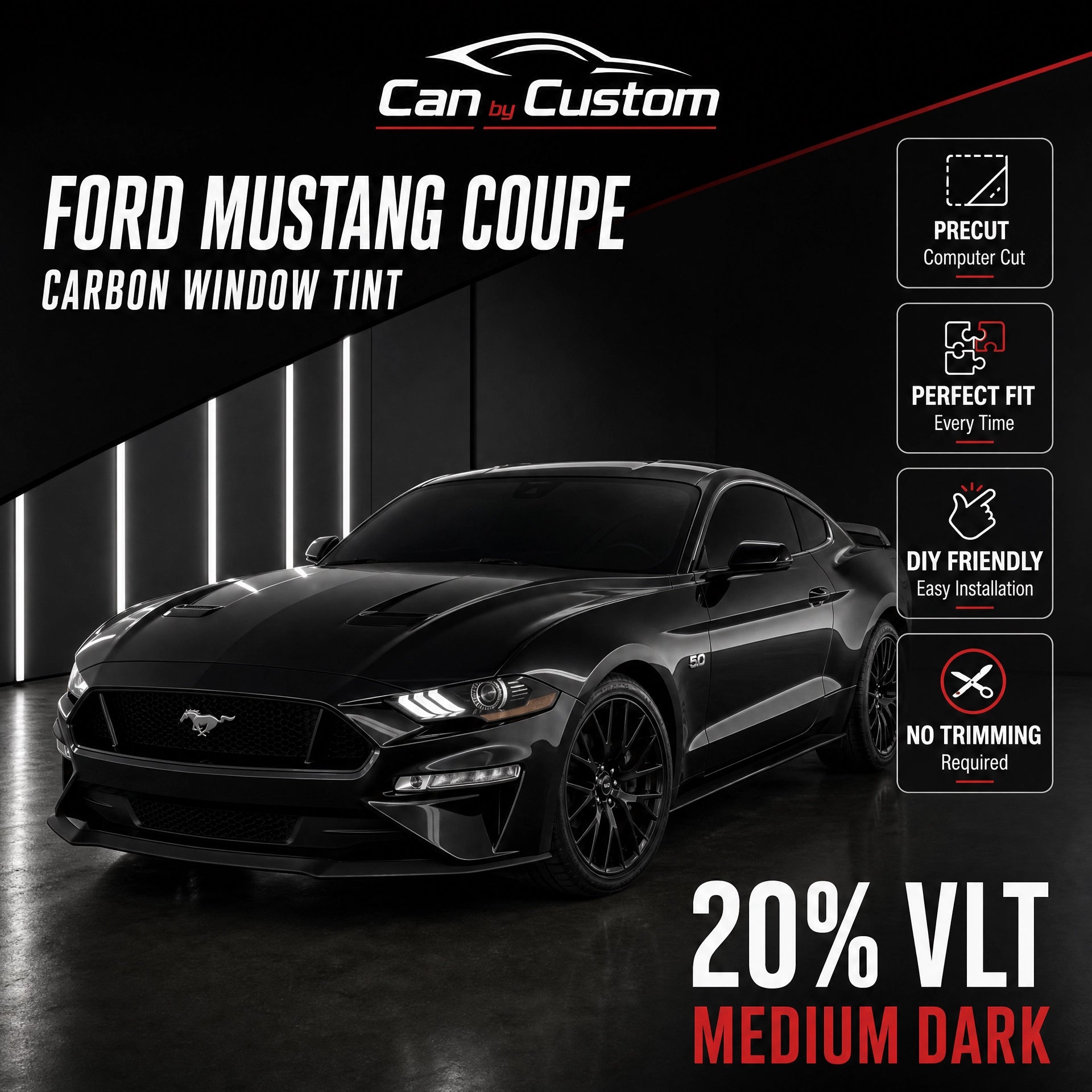 2017-2021 Ford Mustang Coupe All Sides + Rear Window Carbon Tint Kit