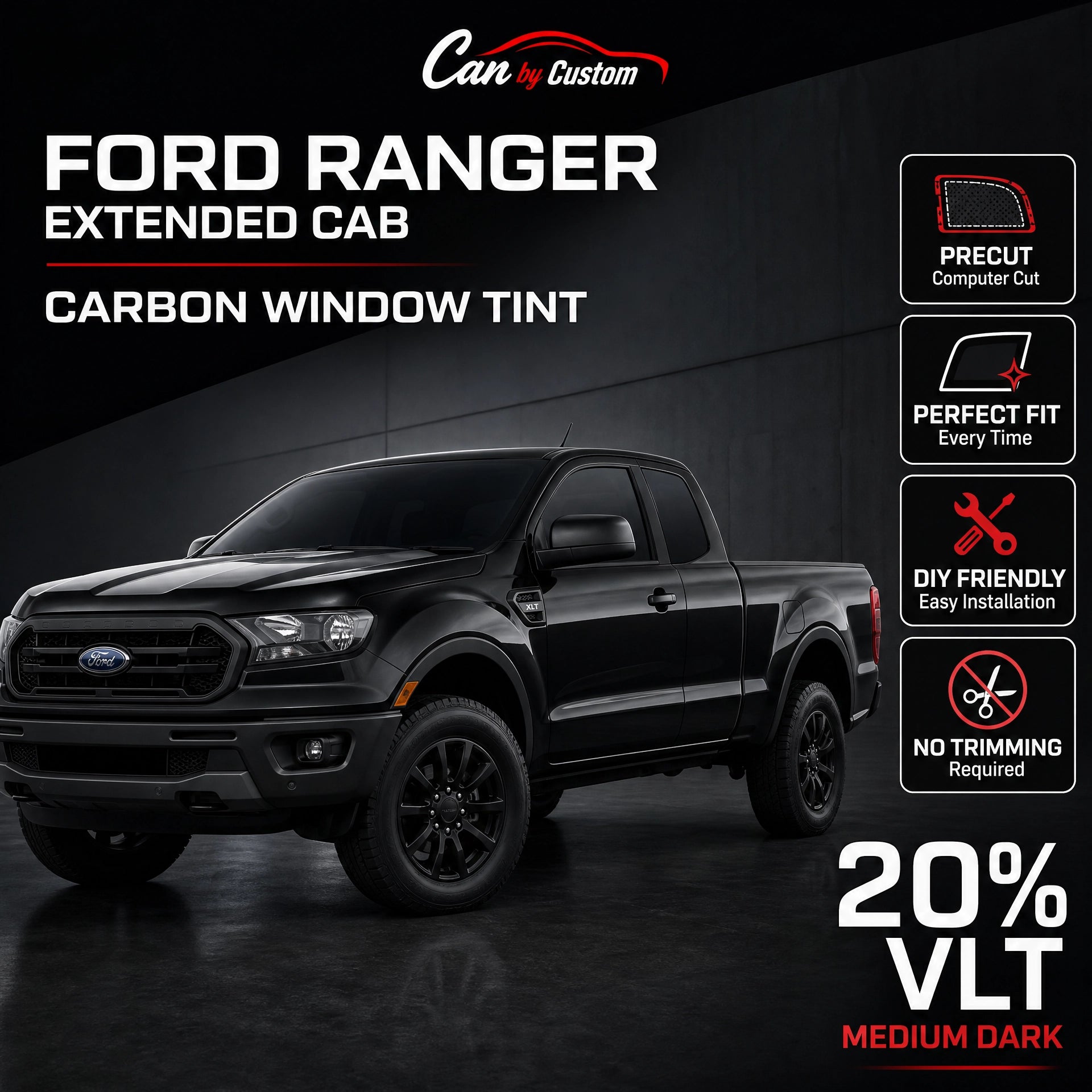 2019-2022 Ford Ranger Extended Cab All Sides + Rear Window Carbon Tint Kit