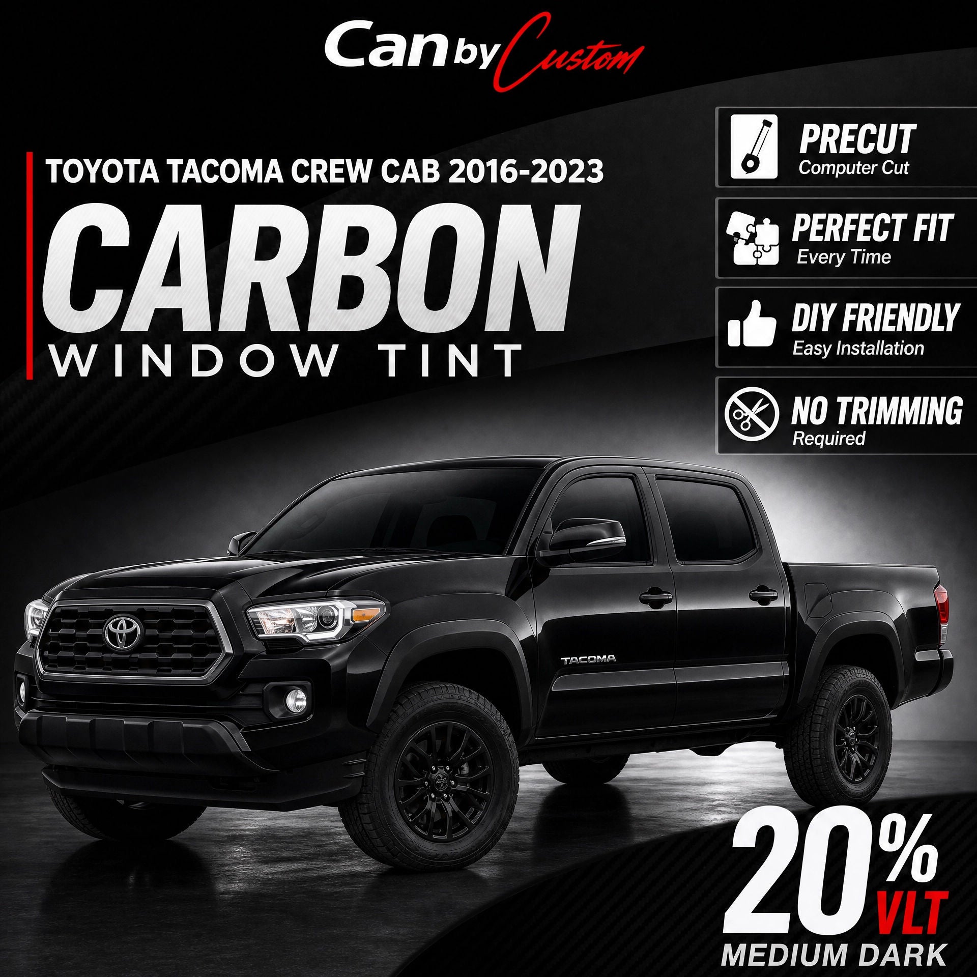 2016-2023 Toyota Tacoma Crew Cab Side Windows carbon tint hero vehicle