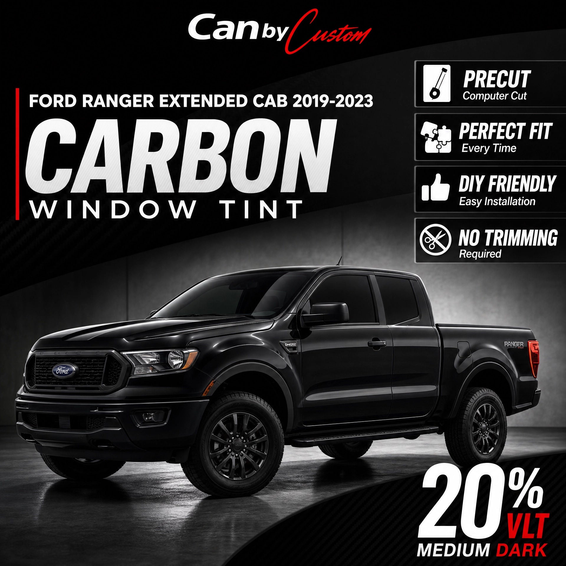 2019-2023 Ford Ranger Extended Cab Rear Windows carbon tint hero vehicle