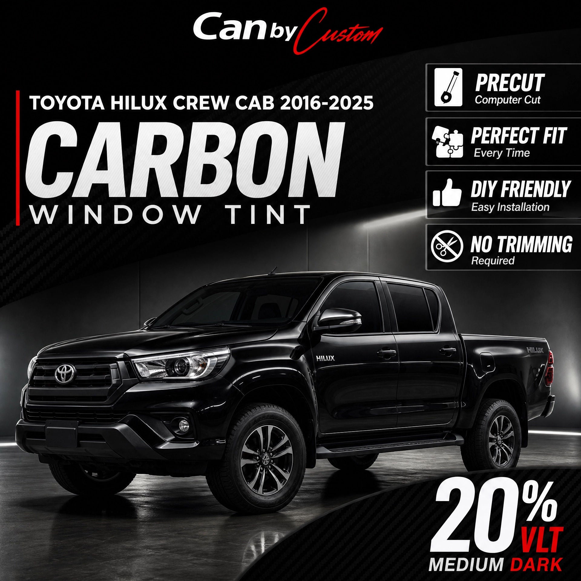 2016-2025 Toyota Hilux Crew Cab Rear Windows carbon tint hero vehicle