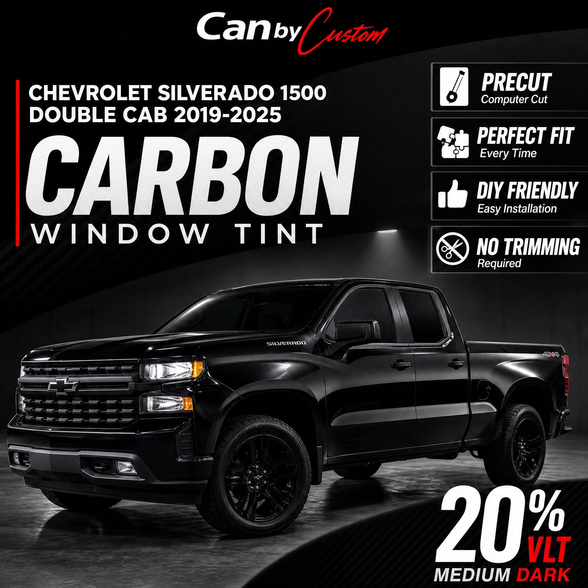 2019-2025 Chevrolet Silverado 1500 Double Cab Front Windows carbon tint hero vehicle